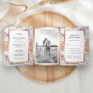Invitación Tríptica Boda de Foto de Mármol Blanco con Brillo de Oro Ro