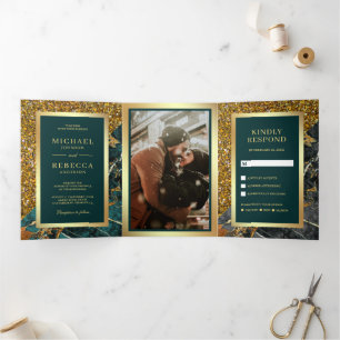 Invitación Tríptica Boda de Foto de Mármol Teal Brillo Dorado