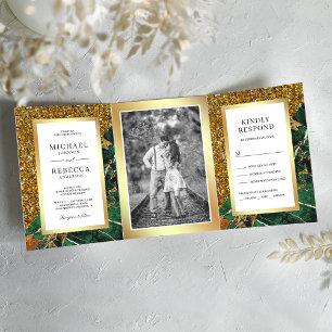 Invitación Tríptica Boda de Foto de Mármol Verde Esmeralda Brillo Dora