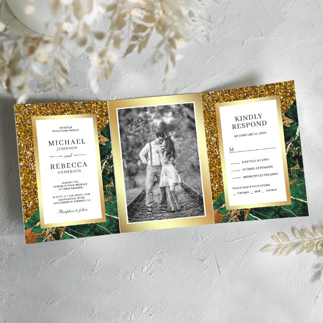 Invitación Tríptica Boda de Foto de Mármol Verde Esmeralda Brillo Dora (Subido por el creador)