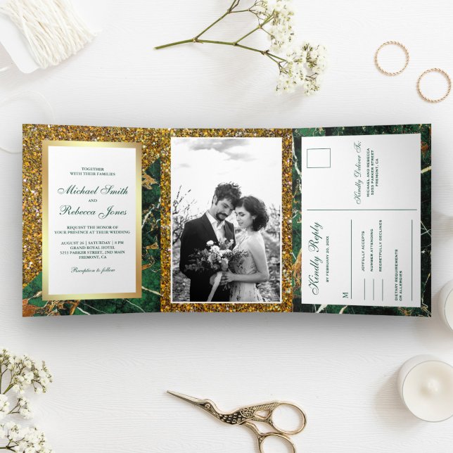 Invitación Tríptica Boda de Foto de Mármol Verde Esmeralda Brillo Dora (Subido por el creador)