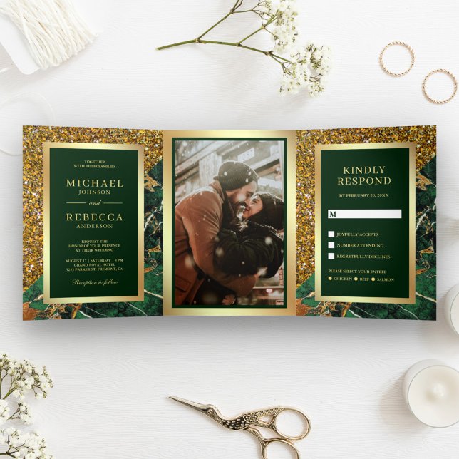 Invitación Tríptica Boda de Foto de Mármol Verde Esmeralda Brillo Dora (Subido por el creador)