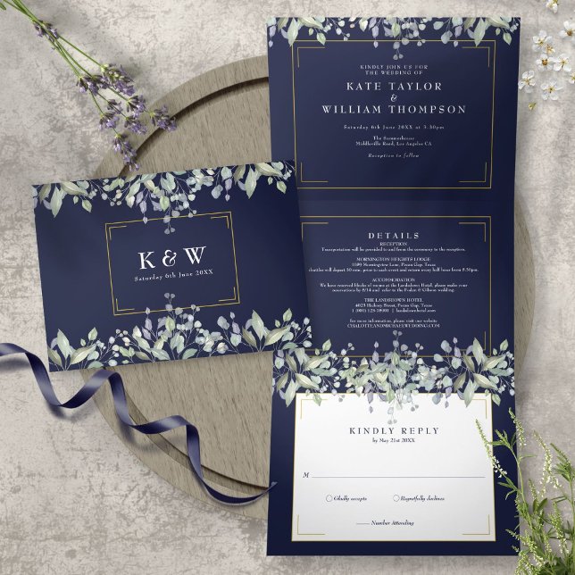 Invitación Tríptica Boda de foto de monograma de azul marino con folla (Subido por el creador)