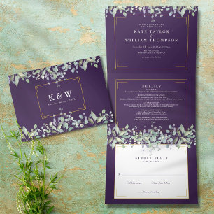 Invitación Tríptica Boda de foto de monograma púrpura de follaje de li