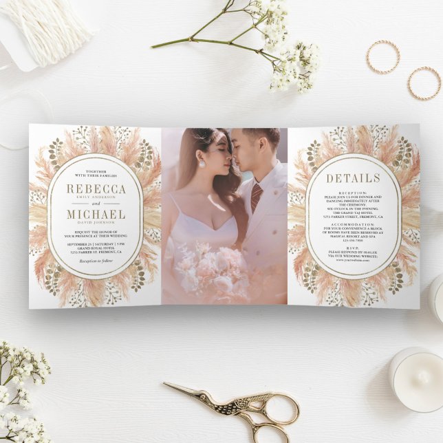Invitación Tríptica Boda de Foto de Pampas Secas Boho Rústico (Subido por el creador)