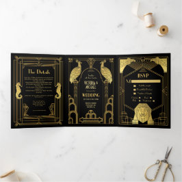 Invitación Tríptica Boda de foto de pavo real león caballito de mar Ar
