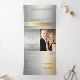 Invitación Tríptica Boda de Foto de Plata y Oro 3 en 1