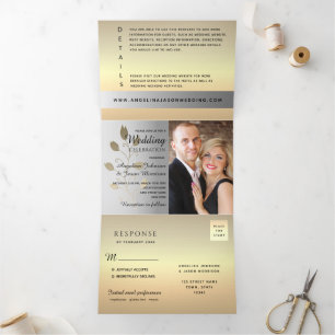 Invitación Tríptica Boda de Foto de Plata y Oro 3 en 1