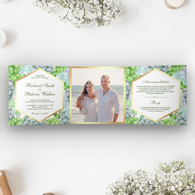 Invitación Tríptica Boda de Foto de Suculenta Verde Botánica Moderna (Subido por el creador)