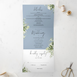 Invitación Tríptica Boda de foto de verde botánico moderno azul polvor