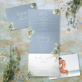 Invitación Tríptica Boda de foto de verde botánico moderno azul polvor