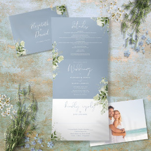 Invitación Tríptica Boda de foto de verde botánico moderno azul polvor