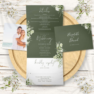 Invitación Tríptica Boda de foto de verde botánico moderno oliva