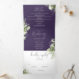 Invitación Tríptica Boda de Foto de Verde Botánico Moderno Púrpura