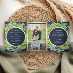 Invitación Tríptica Boda de foto de Wreath Blue Green de Marina
