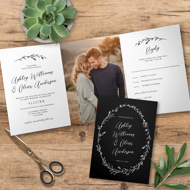 Invitación Tríptica Boda de foto del Boho Rustic Black Wildflower (Subido por el creador)