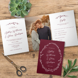 Invitación Tríptica Boda de foto del Boho Rustic Burgundy Wildflower