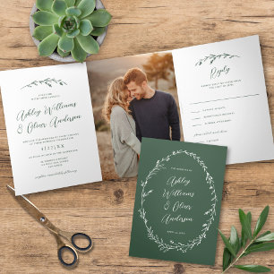 Invitación Tríptica Boda de foto del Boho Rustic Dark Green Wildflower