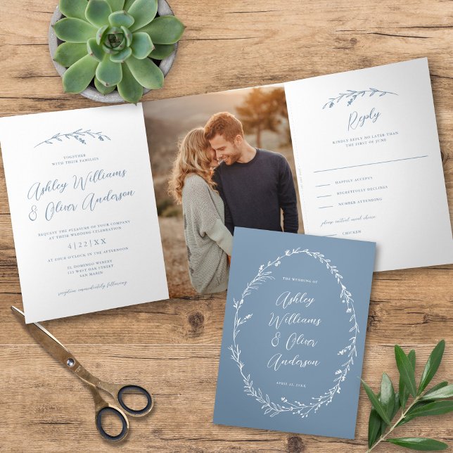 Invitación Tríptica Boda de foto del Boho Rustic Dusty Blue Wildflower (Subido por el creador)