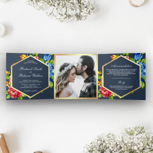Invitación Tríptica Boda de Foto Floral Geométrico Moderno Vibrante