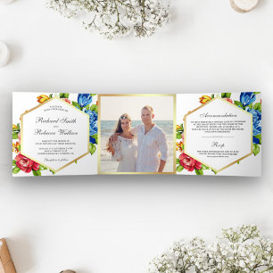 Invitación Tríptica Boda de Foto Floral Geométrico Moderno Vibrante