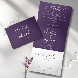 Invitación Tríptica Boda de Foto Minimalista con Letra Morada Moderna