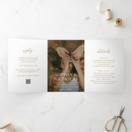 Invitación Tríptica Boda de Foto Moderna de Oro Simple