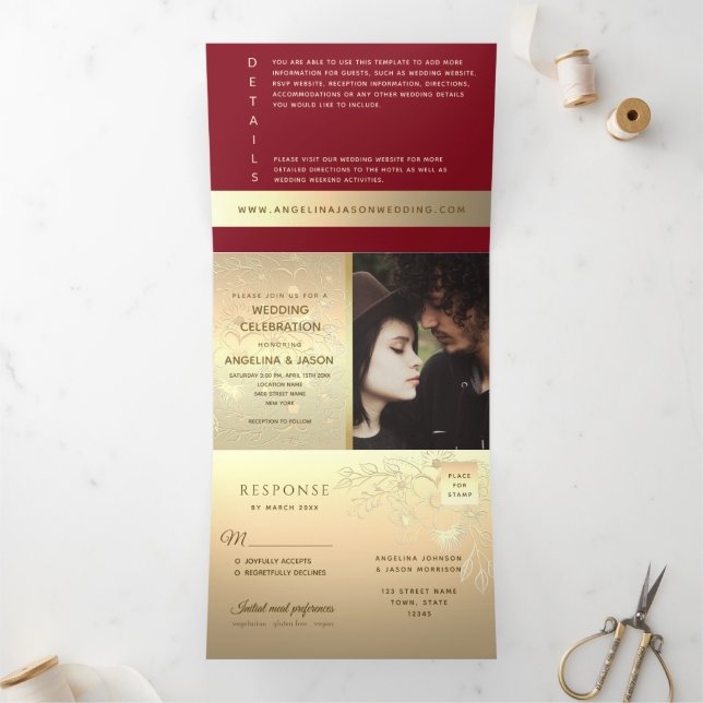 Invitación Tríptica Boda de Foto Roja Moderna (Interior)