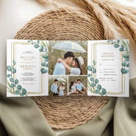 Invitación Tríptica Boda de Fotocolage de Hojas de Eucalipto con Marco