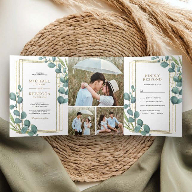 Invitación Tríptica Boda de Fotocolage de Hojas de Eucalipto con Marco (Subido por el creador)