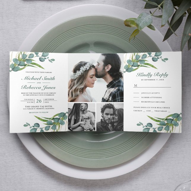Invitación Tríptica Boda de Fotocolaje de Hojas de Eucalipto Rústico (Subido por el creador)