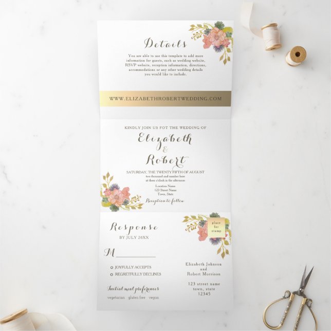 Invitación Tríptica Boda de fotografía acuarela floral (Interior)