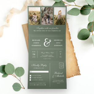 Invitación Tríptica Boda de Fotografía Colage 3 en 1 Verde Salvia Mini