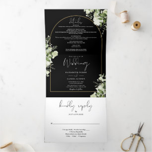 Invitación Tríptica Boda de fotografía de Black Greenery Floral Gold A