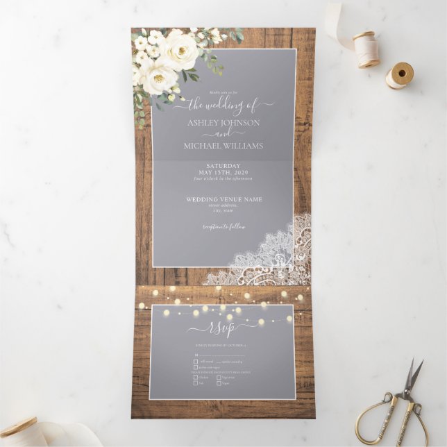 Invitación Tríptica Boda de fotografía de madera floral blanca gris cl (Interior)