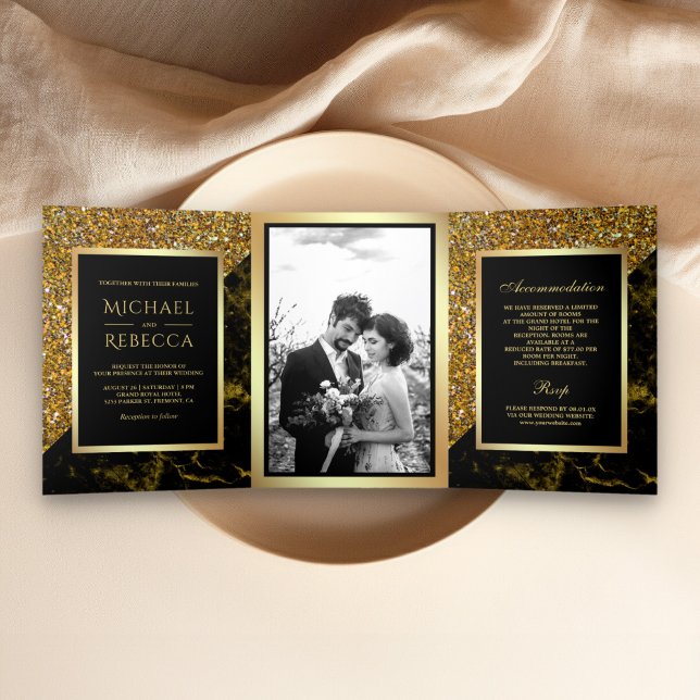 Invitación Tríptica Boda de fotografía de mármol oro Purpurina de oro  (Subido por el creador)