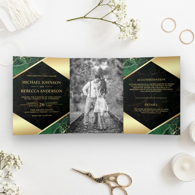 Invitación Tríptica Boda de fotografía de mármol verde de esmeralda ge (Subido por el creador)