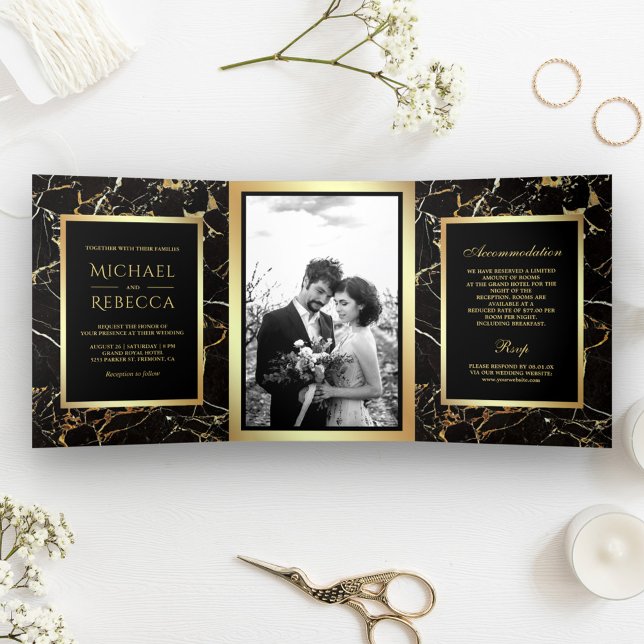 Invitación Tríptica Boda de fotografía de Relieve metalizado dorado Bl (Subido por el creador)