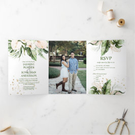 Invitación Tríptica Boda de fotografía de vegetación tropical rosa de