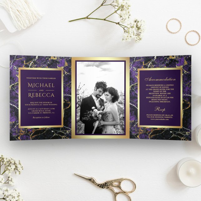 Invitación Tríptica Boda de fotografía del Relieve metalizado dorado R (Subido por el creador)