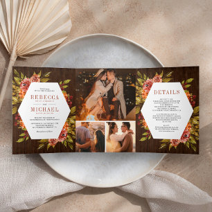 Invitación Tríptica Boda de fotografía floral Naranja de leña quemada 