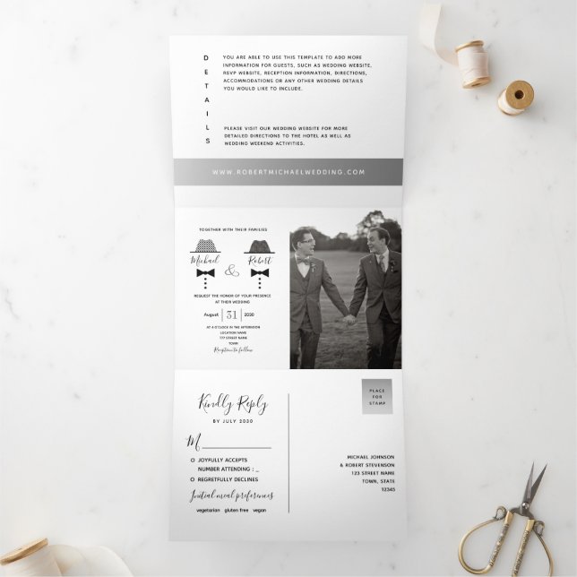 Invitación Tríptica Boda de fotografía gay blanco negro (Interior)