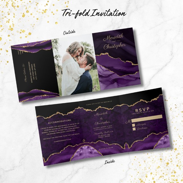 Invitación Tríptica Boda de fotografía Geode Purpurina Purple Agate Go (Subido por el creador)