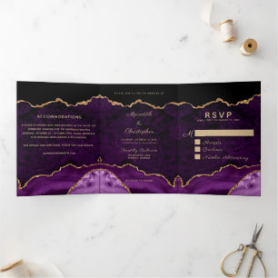 Invitación Tríptica Boda de fotografía Geode Purpurina Purple Agate Go