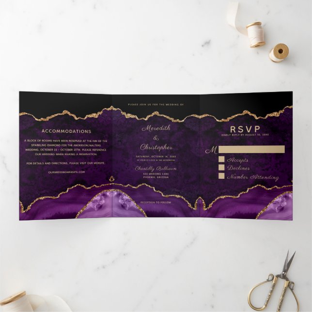 Invitación Tríptica Boda de fotografía Geode Purpurina Purple Agate Go (Interior)