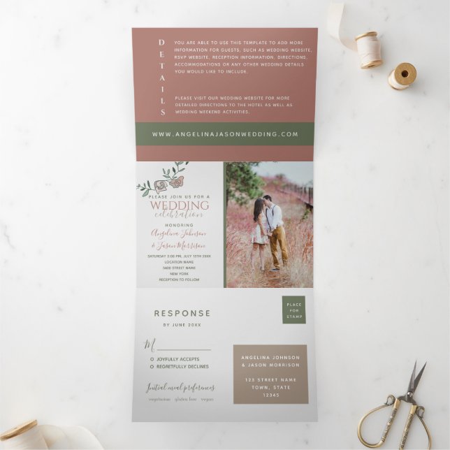Invitación Tríptica Boda de fotografía moderna de Terracota (Interior)