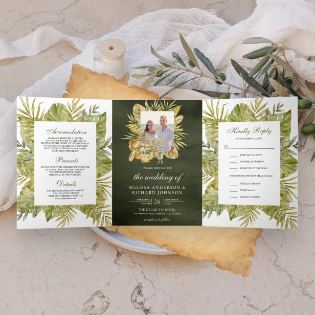 Invitación Tríptica Boda de fotografía verde del Boho seco de palma do (Subido por el creador)