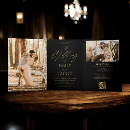 Invitación Tríptica Boda de fotografías Gold Black All in One QR