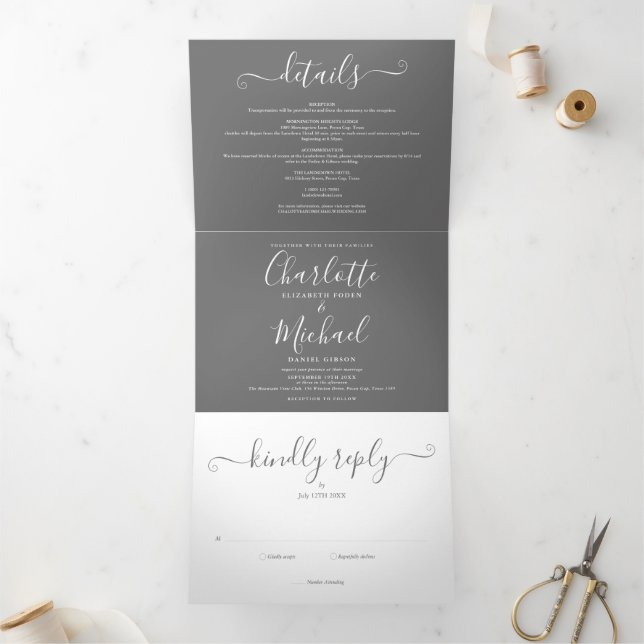 Invitación Tríptica Boda De Fotografías Gris Y Blanco Elegante (Interior)