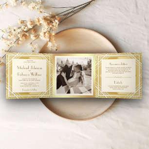 Invitación Tríptica Boda de Fotos Art Déco Vintage Marfil y Dorado